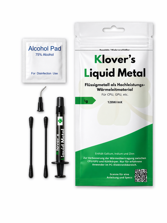 Klover's Liquid Metal Wärmeleitpaste 1g Verpackung mit Zubehör - Spritze, Reinigungstuch und Applikatoren